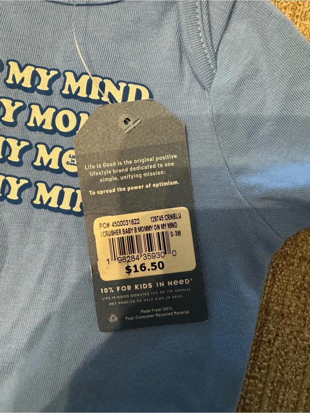 Life Is Good Blue Baby One-Piece Bodysuit with 'Got My Mind On My Mommy' Text